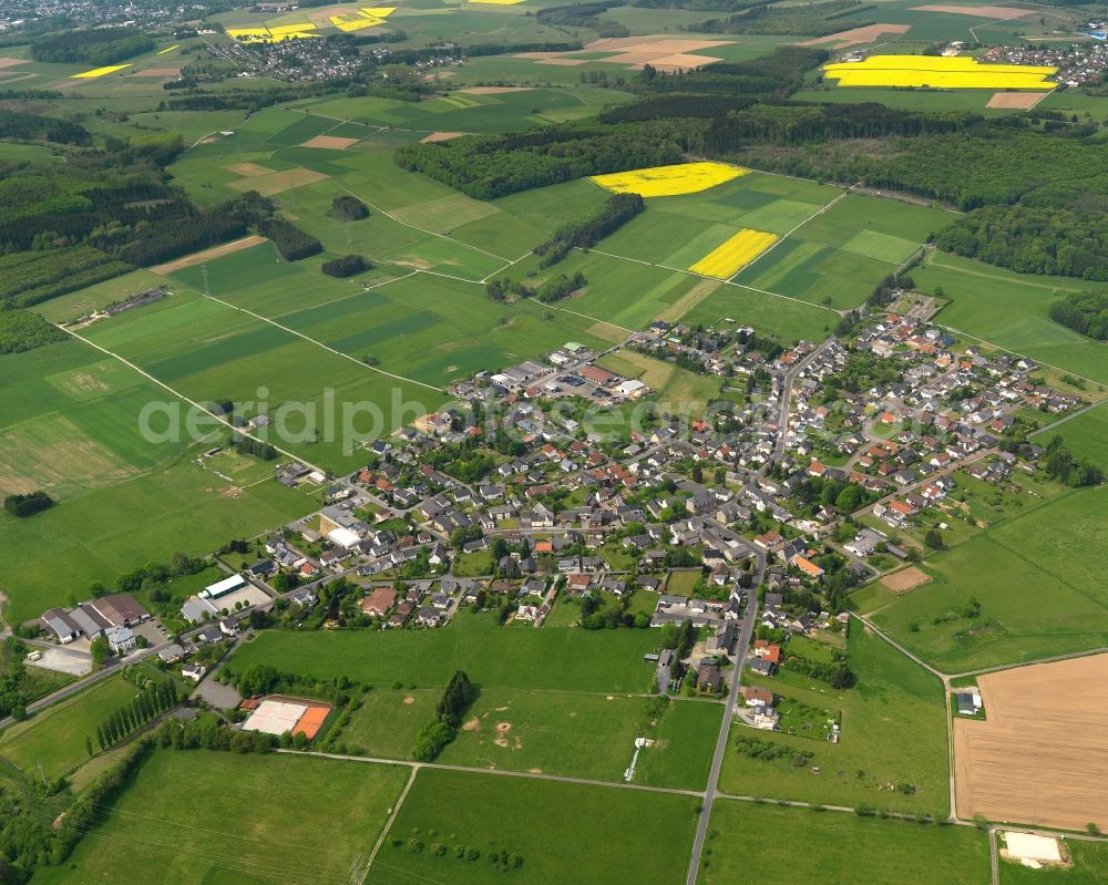 Sessenhausen from the bird's eye view: View of the borough of Sessenhausen in the state of Rhineland-Palatinate. The borough and municipiality is located in the county district of Westerwaldkreis. The agricultural village consists of residential areas and is surrounded by rapeseed fields and meadows