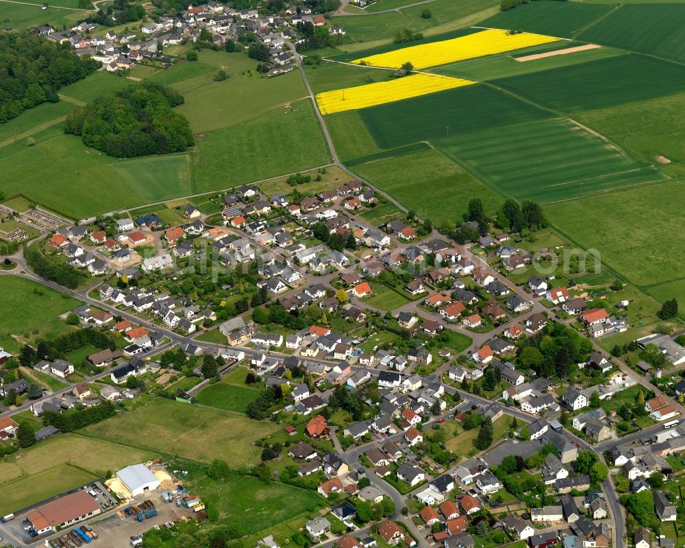 Sessenhausen from the bird's eye view: View of the borough of Sessenhausen in the state of Rhineland-Palatinate. The borough and municipiality is located in the county district of Westerwaldkreis. The agricultural village consists of residential areas and is surrounded by rapeseed fields and meadows