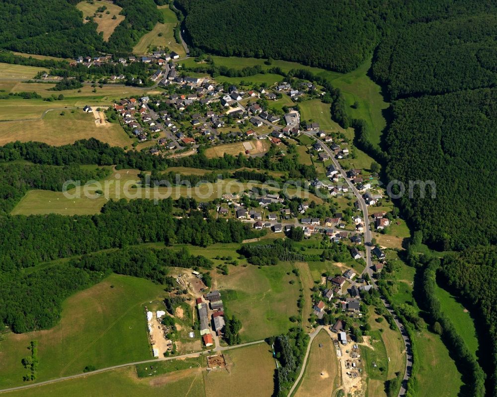 Aerial image Siesbach - View of Siesbach in the state of Rhineland-Palatinate. The borough and municipiality is located in the county district of Birkenfeld, in the Nature Park Saar-Hunsrueck. It is surrounded by agricultural land, meadows and forest