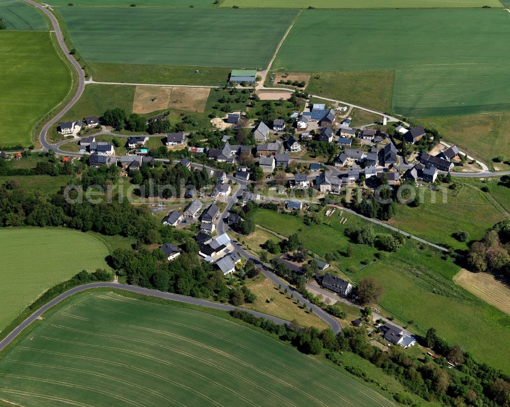 Aerial photograph Sohrschied - View of Sohrschied in the state of Rhineland-Palatinate. Sohrschied is located in the county district of Rhine-Hunsrueck. The borough and municipiality consists of residential areas and agricultural land and sits on both sides of Aubach creek