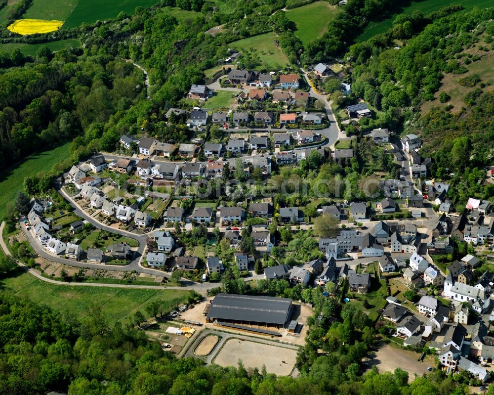 Trimbs from the bird's eye view: View of Trimbs in the state of Rhineland-Palatinate. The agricultural borough and municipiality is located in the county district of Mayen-Koblenz, above the Valley of the river Nette and on the road L113, and is surrounded by meadows and rapeseed fields