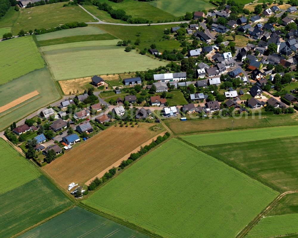 Aerial photograph Uhler - View of the borough of Uhler in the state of Rhineland-Palatinate. The borough and municipiality is located in the county district of Rhine-Hunsrueck, in the Hunsrueck region. The agricultural village consists of residential areas and is surrounded by fields and meadows