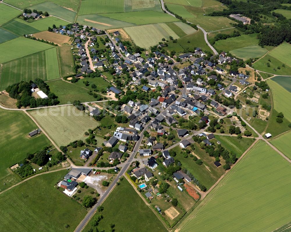 Uhler from above - View of the borough of Uhler in the state of Rhineland-Palatinate. The borough and municipiality is located in the county district of Rhine-Hunsrueck, in the Hunsrueck region. The agricultural village consists of residential areas and is surrounded by fields and meadows