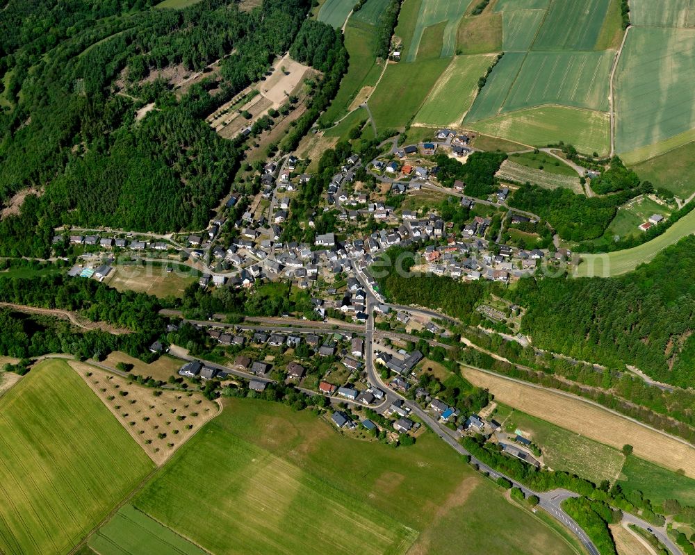 Urmersbach from the bird's eye view: View of Urmersbach in the state of Rhineland-Palatinate. The borough and municipiality is located in the county district of Cochem-Zell in the Eastern Eifel Region. Obermuehle and Schuwackerhof are hamlets of Hauroth. It is surrounded by agricultural land, meadows and forest