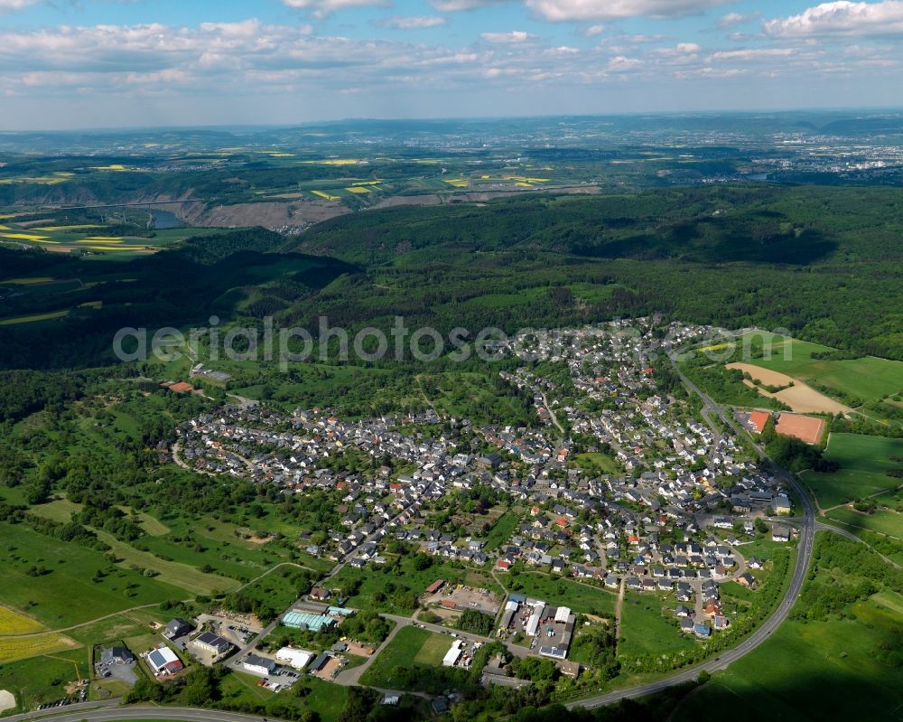 Waldesch from above - View of Waldesch in the state of Rhineland-Palatinate. The borough and municipiality is an official tourist resort and located in the county district of Mayen-Koblenz on the edge of the Koblenz town forest, surrounded by hills, forest and fields