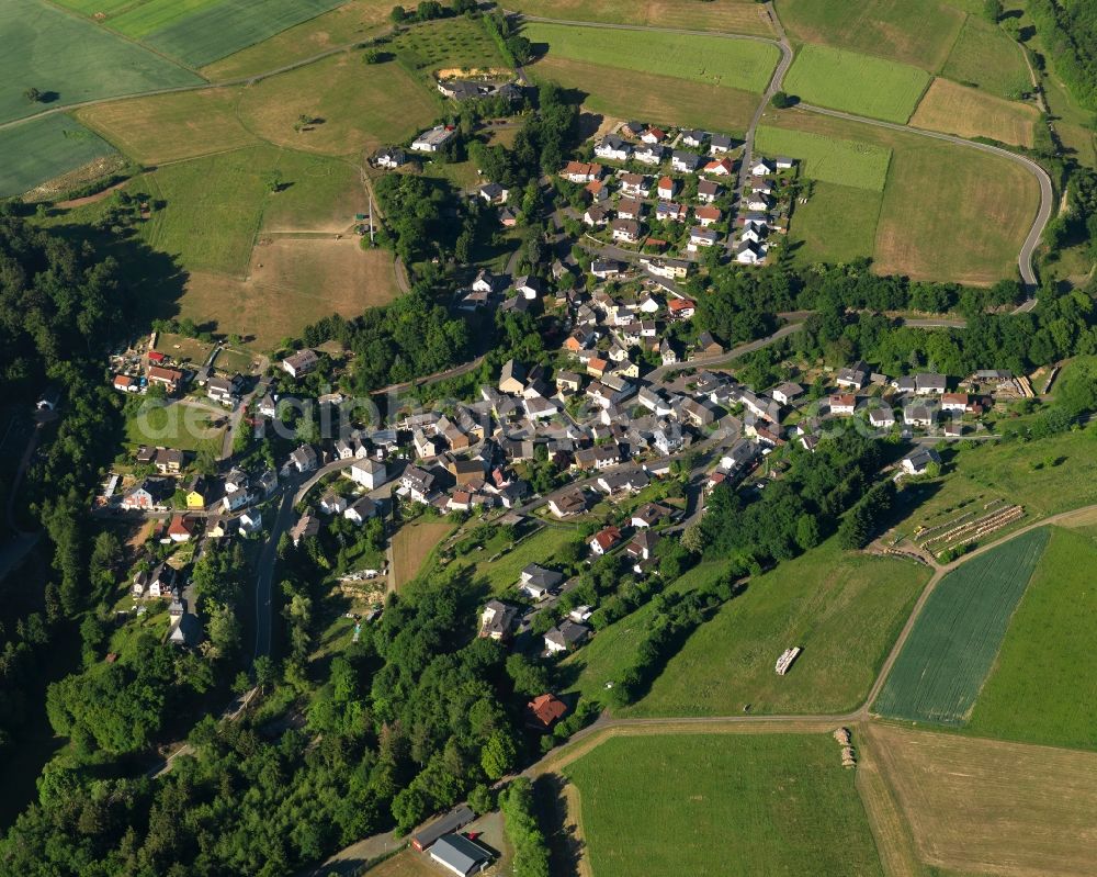 Wasenbach from above - View of the borough of Wasenbach in the state of Rhineland-Palatinate. The borough and municipiality is located in the county district of Rhine-Lahn. The village consists of residential buiildings and areas, sits in a valley of the Taunus mountain range and is surrounded by forest and fields