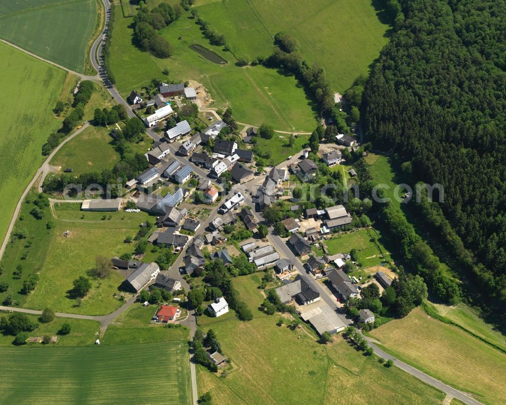 Weiden from above - View of Weiden in the state of Rhineland-Palatinate. The borough and municipiality is located in the county district of Birkenfeld, on the German Jewel Road on the edge of the Nature Park Saar-Hunsrueck. It is surrounded by agricultural land, meadows and forest