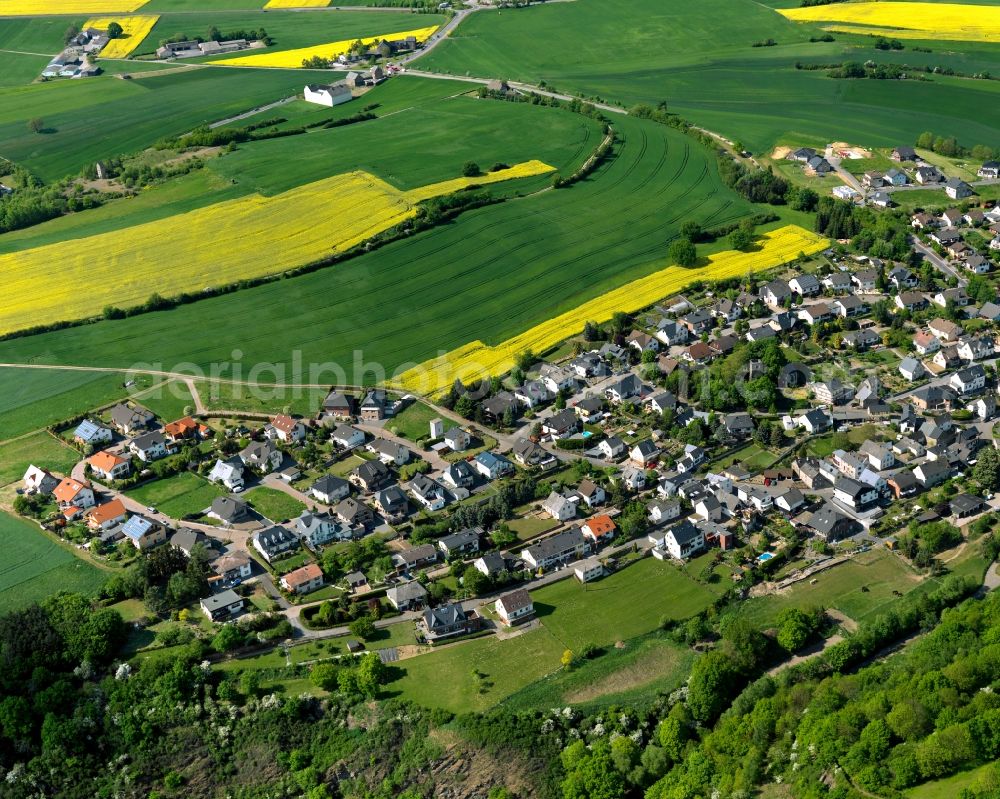 Welling from above - View of Welling in the state of Rhineland-Palatinate. The agricultural borough and municipiality is located in the county district of Mayen-Koblenz, above the Valley of the river Nette, and is surrounded by meadows and rapeseed fields