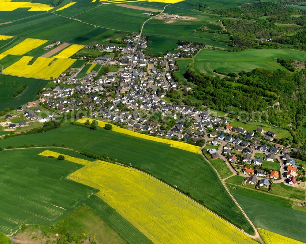 Aerial image Welling - View of Welling in the state of Rhineland-Palatinate. The agricultural borough and municipiality is located in the county district of Mayen-Koblenz, above the Valley of the river Nette, and is surrounded by meadows and rapeseed fields