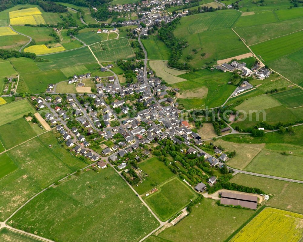 Welterod from the bird's eye view: View of the borough of Welterod in the state of Rhineland-Palatinate. The borough and municipiality is located in the county district of Rhine-Lahn, in the Taunus mountain region. The agricultural village consists of residential areas and is surrounded by rapeseed fields and meadows