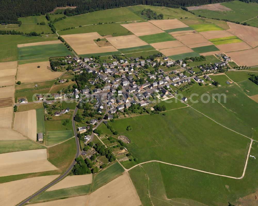 Wirschweiler from the bird's eye view: View of Wirschweiler in the state of Rhineland-Palatinate. The borough and municipiality is an official tourist resort and located in the county district of Birkenfeld, in the Nature Park Saar-Hunsrueck. It is surrounded by agricultural land, meadows and forest and includes the hamlets Klarebacherhof and Wirschweiler Mill