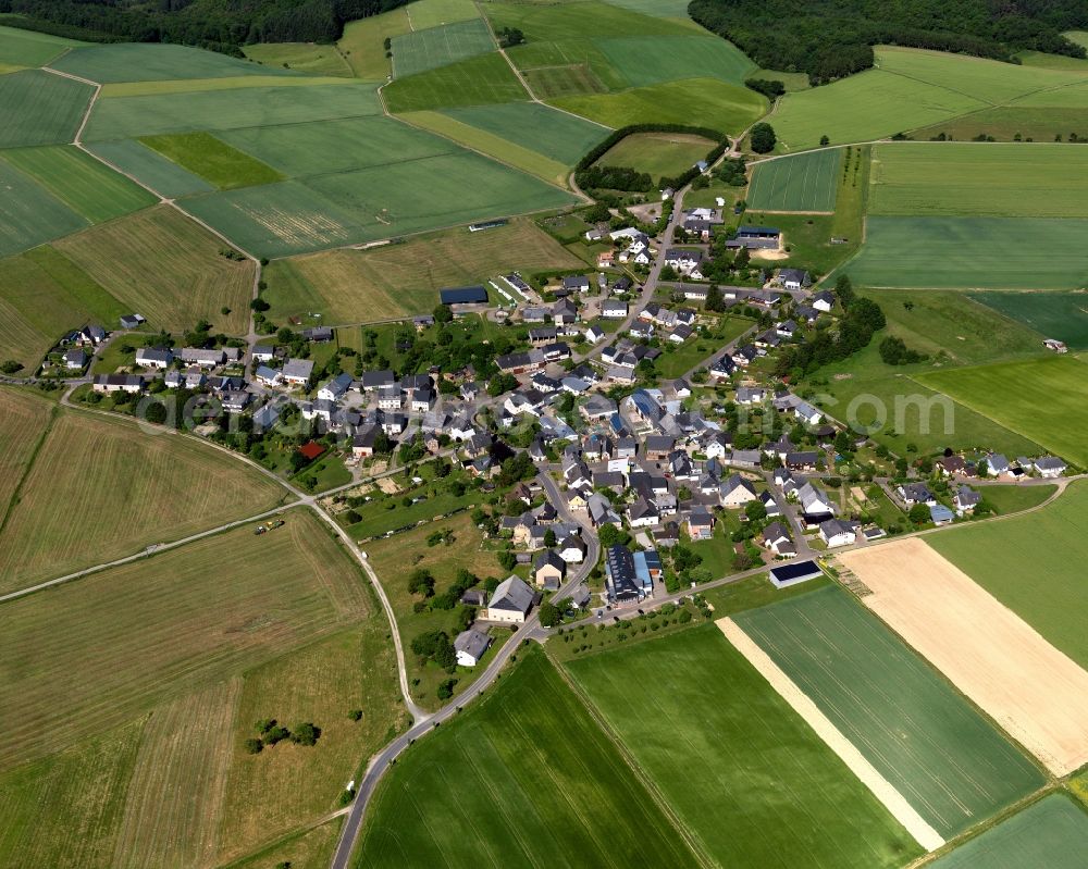 Woppenroth from above - View of Woppenroth in the state of Rhineland-Palatinate. Woppenroth is located in the county district of Rhine-Hunsrueck. The borough and municipiality consists of residential areas and agricultural land