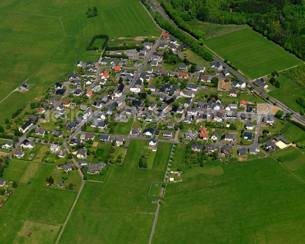 Zehnhausen bei Rennerod from above - View of the borough of Zehnhausen bei Rennerod in the state of Rhineland-Palatinate. The borough is located in the county district and region of Westerwald on federal highway B54. The residential village is surrounded by fields and meadows