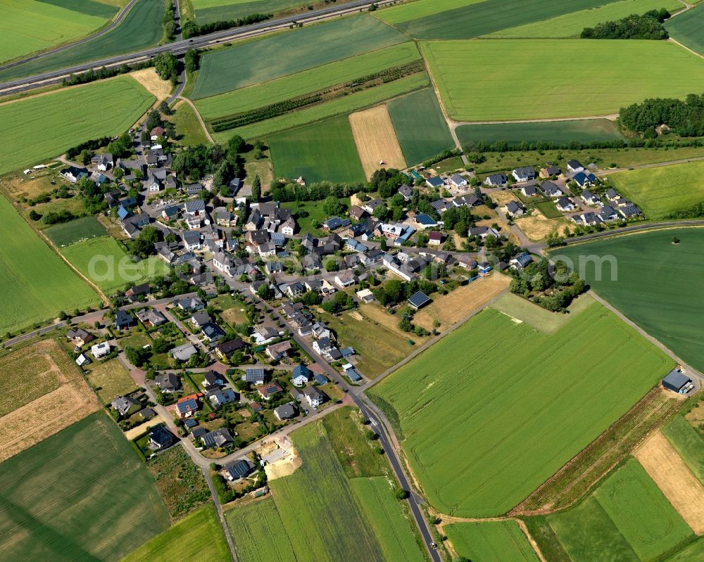 Aerial photograph Zettingen - View of Zettingen in the state of Rhineland-Palatinate. The borough and municipiality is located in the county district of Cochem-Zell on the edge of the Eifel Region. Zettingen is surrounded by agricultural land and meadows and is located the Brohlbach creek and close to the federal motorway A48