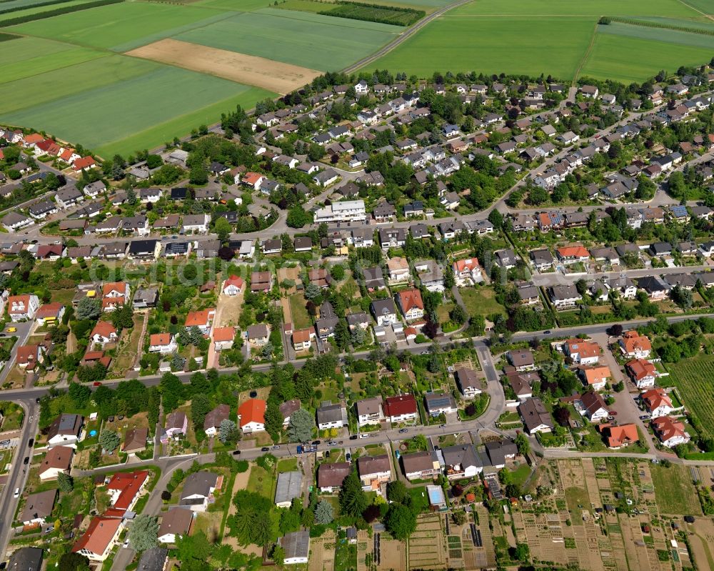 Aerial photograph Zornheim - View of the borough of Zornheim in the state of Rhineland-Palatinate. The wine-growing borough is located in the county district of Mainz-Bingen. The residential village is surrounded by fields, vineyards and meadows