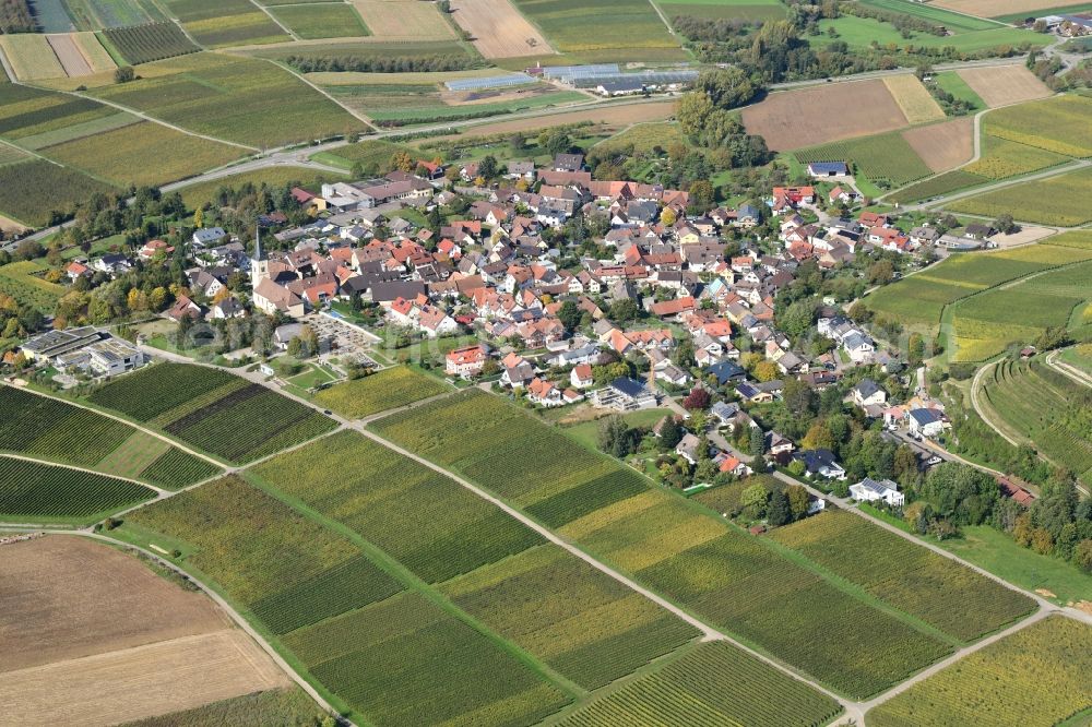 Aerial image Ballrechten-Dottingen - View of the streets and houses and surrounding fields and vine grapes of the district Ballrechten in Ballrechten-Dottingen in the state Baden-Wurttemberg, Germany