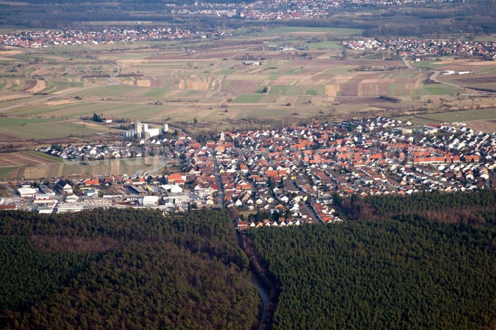 Aerial image Stutensee - Town View of the streets and houses of the residential areas in the district Friedrichstal in Stutensee in the state Baden-Wuerttemberg