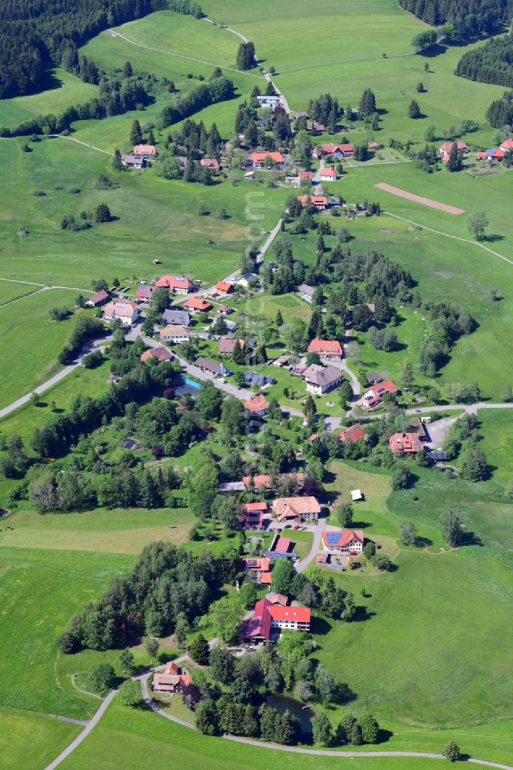 Herrischried from above - Town view of the streets and houses in the district Grossherrischwand in Herrischried in the Black Forest in the state Baden-Wurttemberg, Germany