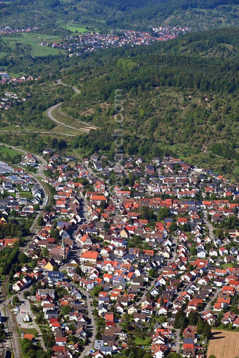 Schorndorf from the bird's eye view: Town View of the streets and houses of the residential areas in the district Haubersbronn in Schorndorf in the state Baden-Wuerttemberg, Germany