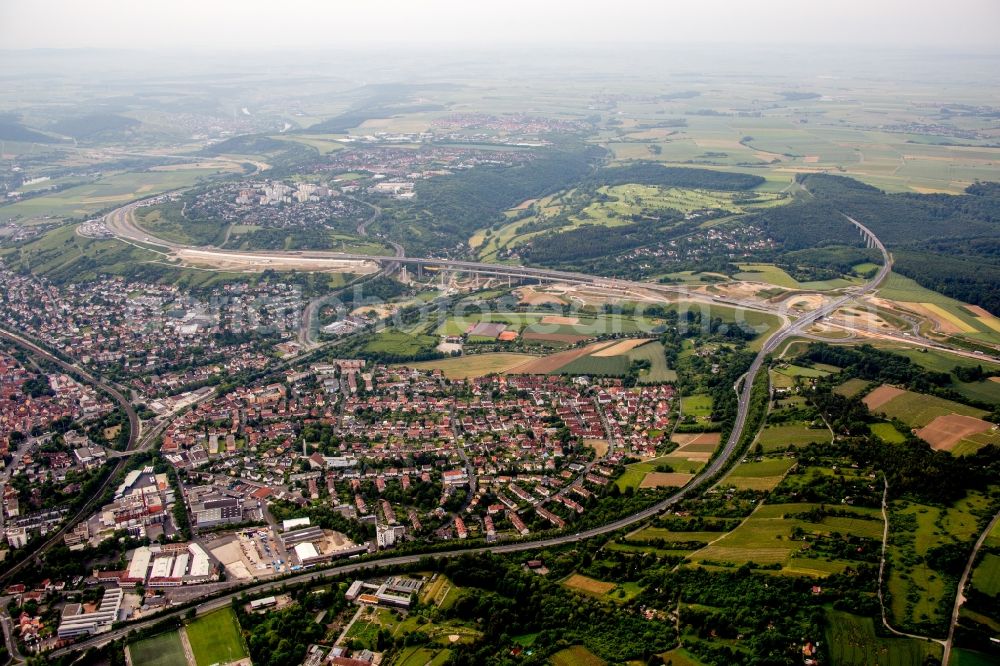 Würzburg from above - Town View of the streets and houses of the residential areas in the district Heidingsfeld in Wuerzburg in the state Bavaria, Germany