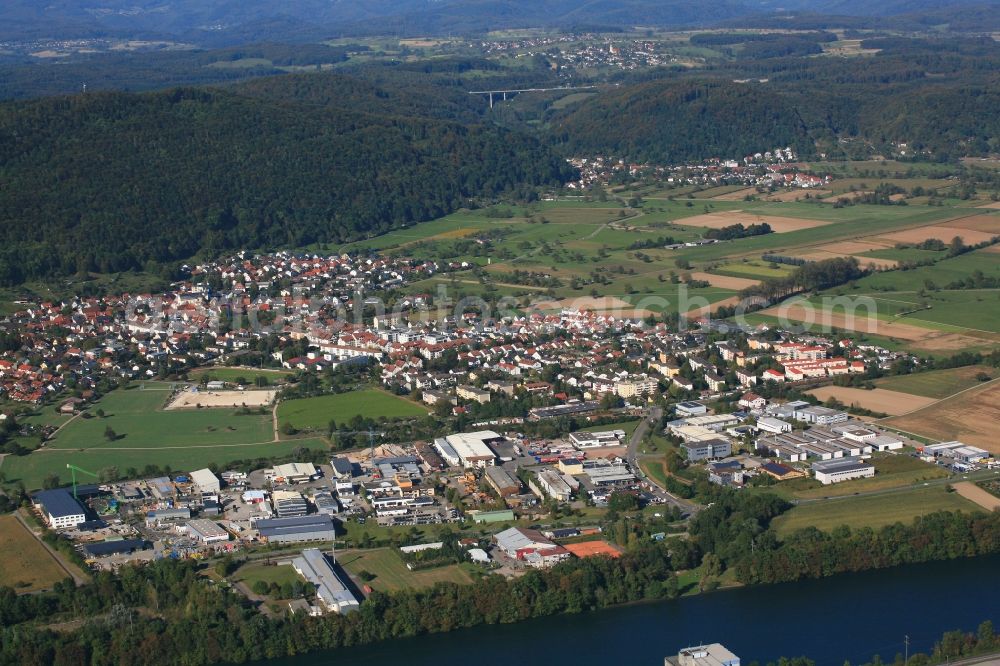 Rheinfelden (Baden) from the bird's eye view: Town view of the residential areas of the district Herten in Rheinfelden the state Baden-Wuerttemberg. View from Switzerland over the river Rhine and the industrial area