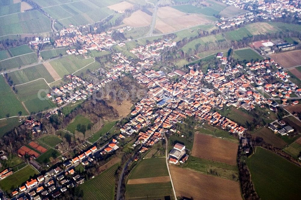 Aerial photograph Billigheim-Ingenheim - Town View of the streets and houses of the residential areas in the district Ingenheim in Billigheim-Ingenheim in the state Rhineland-Palatinate