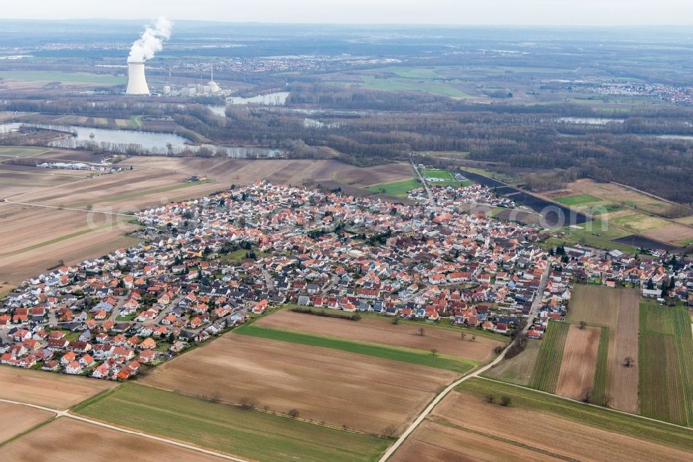 Römerberg from above - Town View of the streets and houses of the residential areas in the district Mechtersheim in Roemerberg in the state Rhineland-Palatinate, Germany