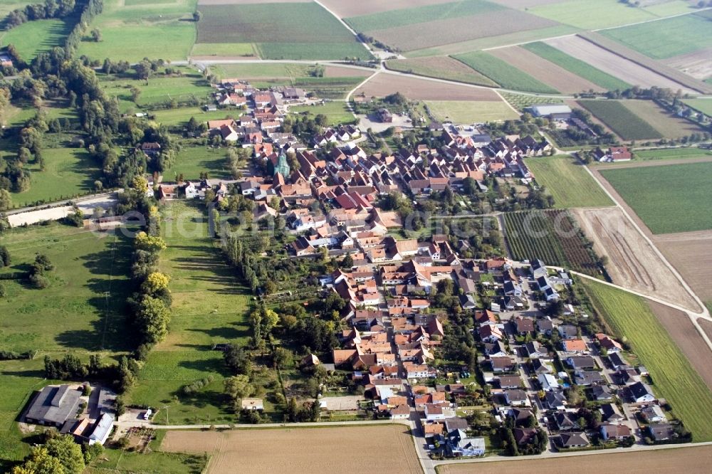 Billigheim-Ingenheim from above - Town View of the streets and houses of the residential areas in the district Muehlhofen in Billigheim-Ingenheim in the state Rhineland-Palatinate