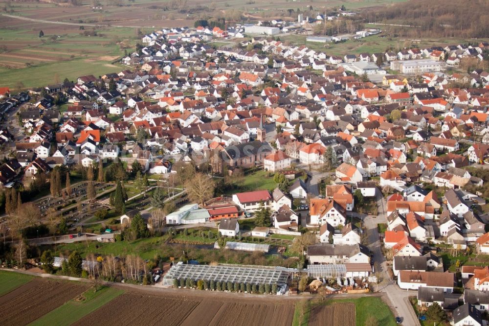 Au am Rhein from the bird's eye view: Town View of the streets and houses of the residential areas in the district Neuburgweier in Au am Rhein in the state Baden-Wuerttemberg