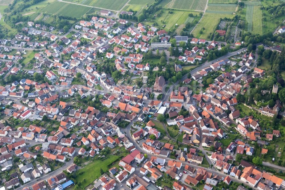 Aerial image Bruchsal - Town View of the streets and houses of the residential areas in the district Obergrombach in Bruchsal in the state Baden-Wuerttemberg, Germany