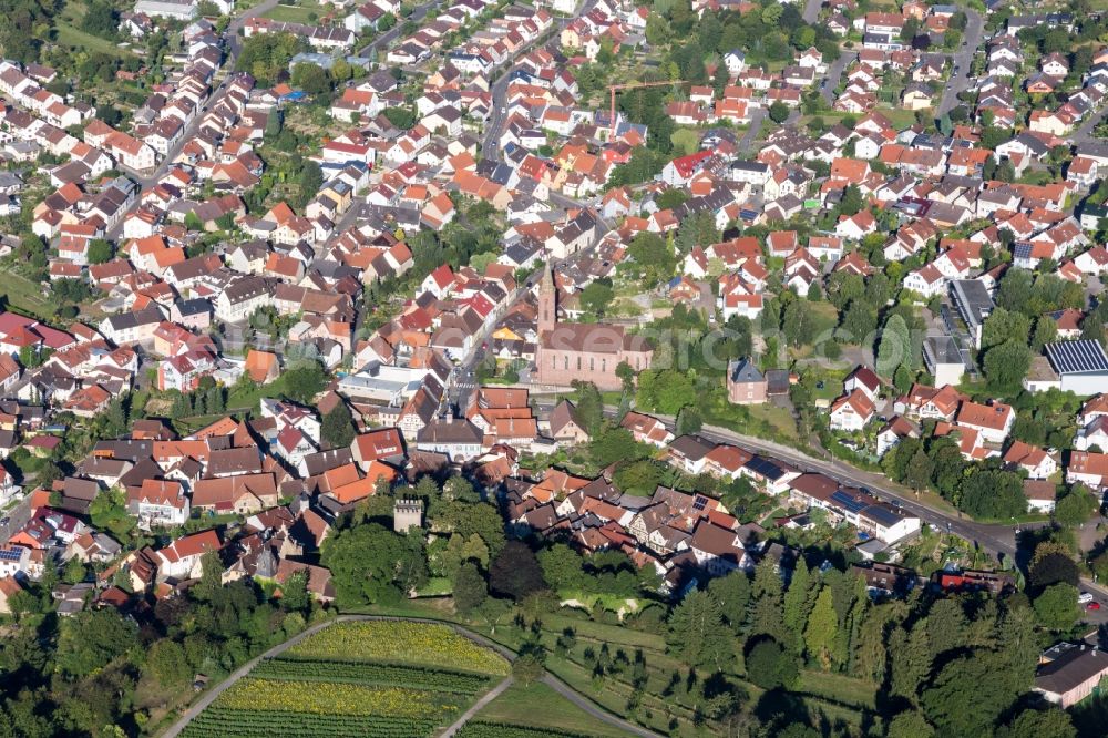 Bruchsal from above - Town View of the streets and houses of the residential areas in the district Obergrombach in Bruchsal in the state Baden-Wuerttemberg, Germany