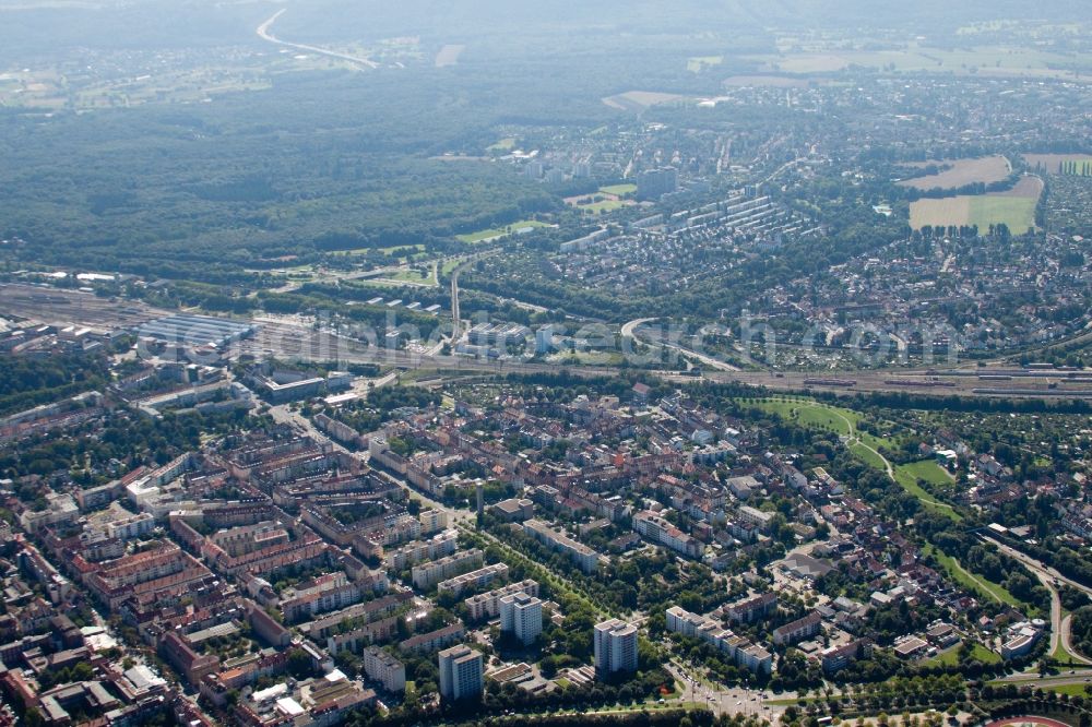 Karlsruhe from above - Town View of the streets and houses of the residential areas in the district Suedweststadt in Karlsruhe in the state Baden-Wuerttemberg