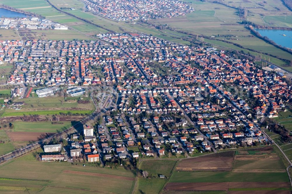 Aerial image Stutensee - Town View of the streets and houses of the residential areas in the district Spoeck in Stutensee in the state Baden-Wurttemberg, Germany