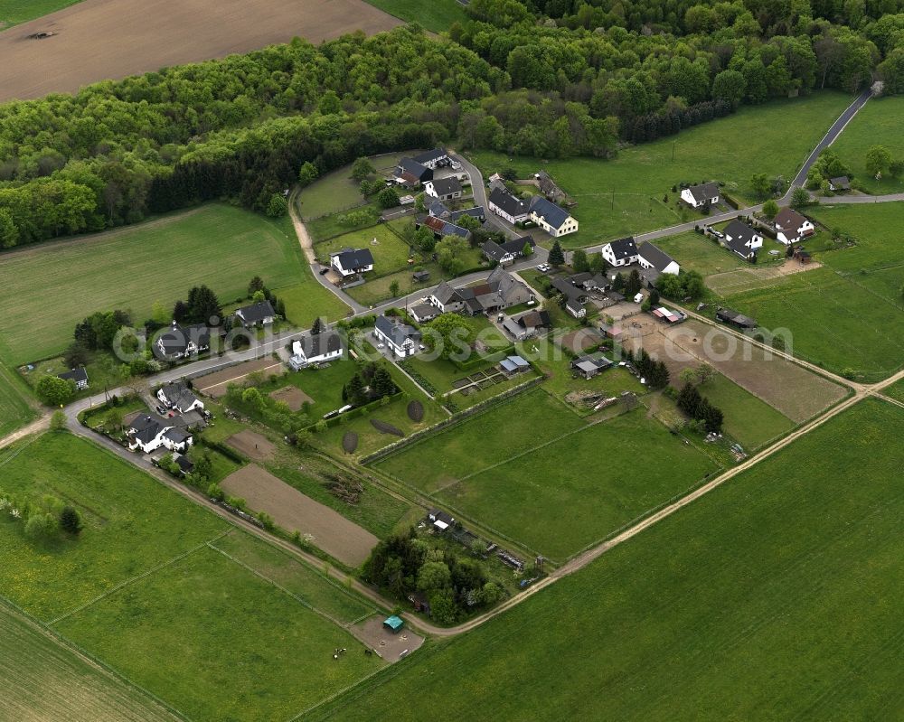 Hümmel from the bird's eye view: View of the Blindert part of the borough of Huemmel in the state of Rhineland-Palatinate. Blindert is located on the border to North Rhine-Westphalia and consists of several farms and single family homes, surrounded by forest and fields