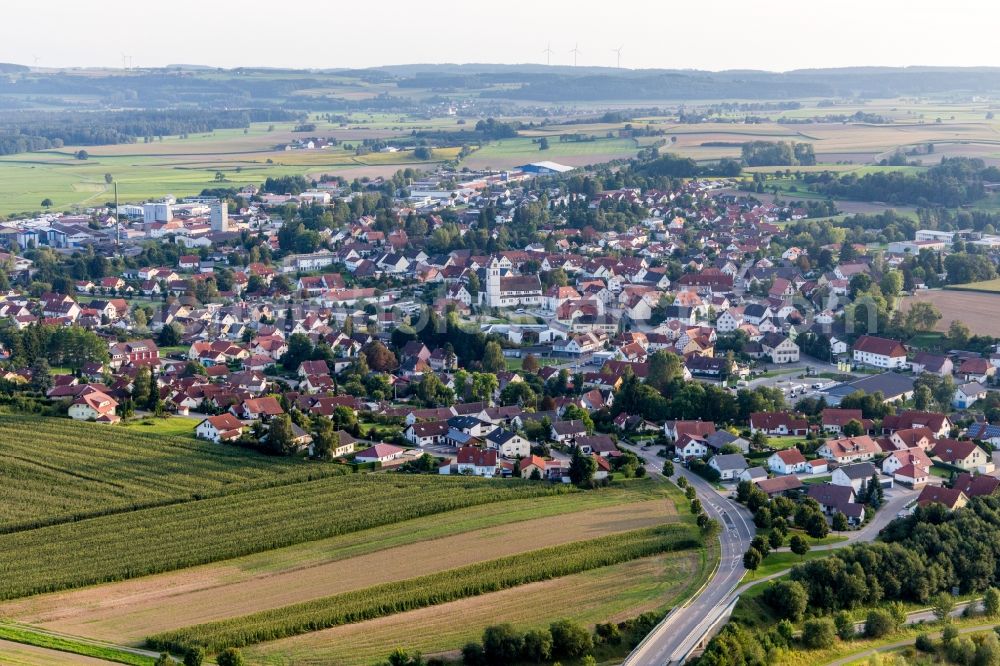 Ostrach from above - Town View of the streets and houses of the residential areas in Ostrach in the state Baden-Wuerttemberg, Germany