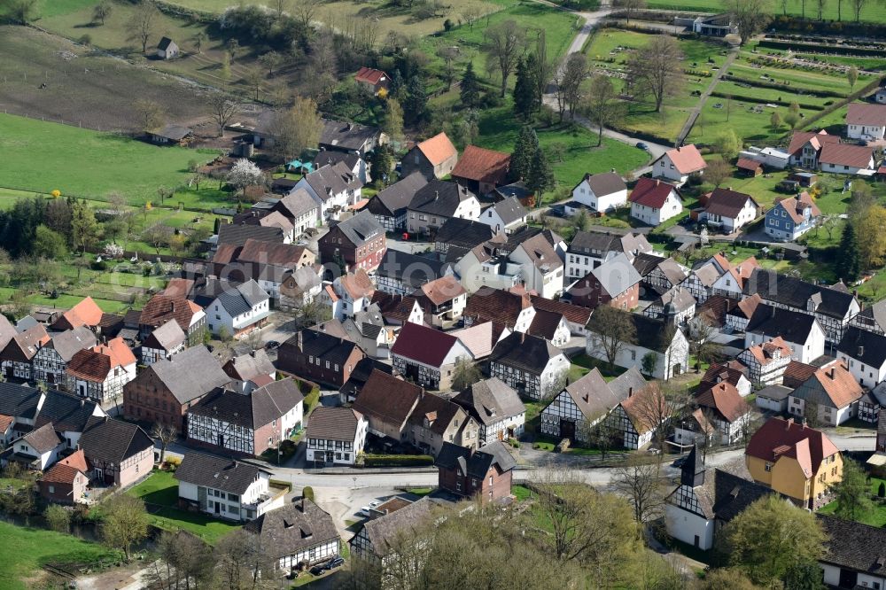 Ottbergen from the bird's eye view: Town View of the streets and houses of the residential areas in Ottbergen in the state North Rhine-Westphalia