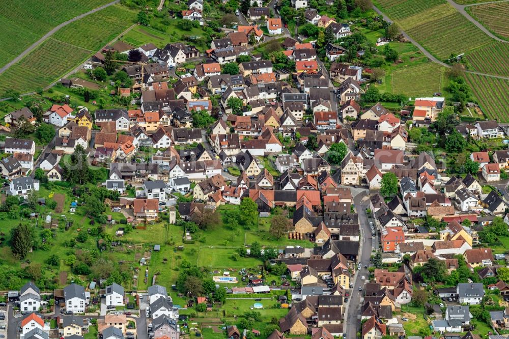 Pfaffenweiler from above - Town View of the streets and houses of the residential areas in Pfaffenweiler in the state Baden-Wuerttemberg, Germany