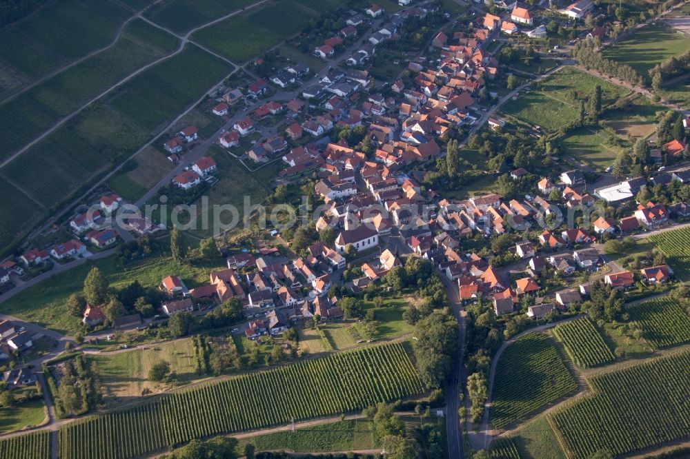 Aerial photograph Pleisweiler-Oberhofen - Town View of the streets and houses of the residential areas in Pleisweiler-Oberhofen in the state Rhineland-Palatinate, Germany