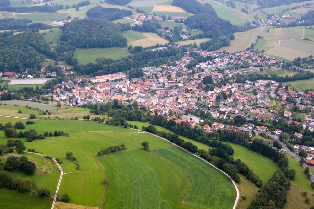 Poppenhausen (Wasserkuppe) from above - Town View of the streets and houses of the residential areas in Poppenhausen (Wasserkuppe) in the state Hesse, Germany