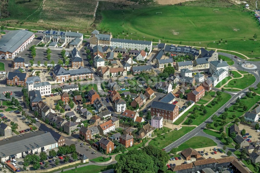 Poundbury from the bird's eye view: Town View of the streets and houses of the residential areas in Poundbury in United Kingdom