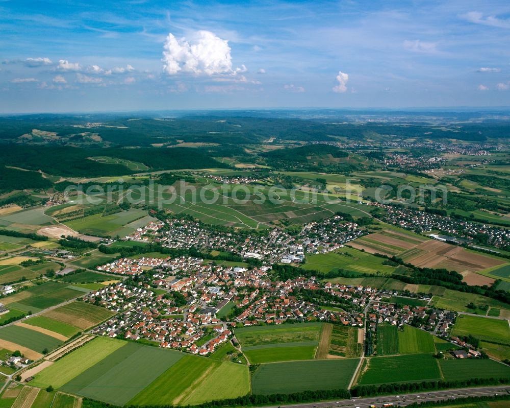 Abstatt from above - Village view on the edge of agricultural fields and land in Abstatt in the state Baden-Wuerttemberg, Germany