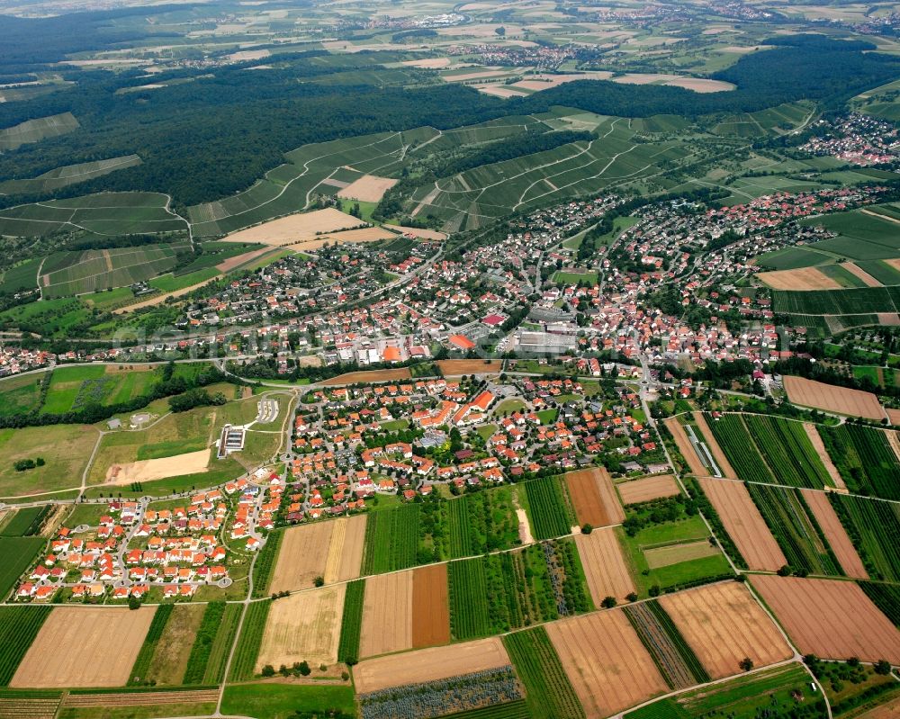 Affaltrach from the bird's eye view: Village view on the edge of agricultural fields and land in Affaltrach in the state Baden-Wuerttemberg, Germany