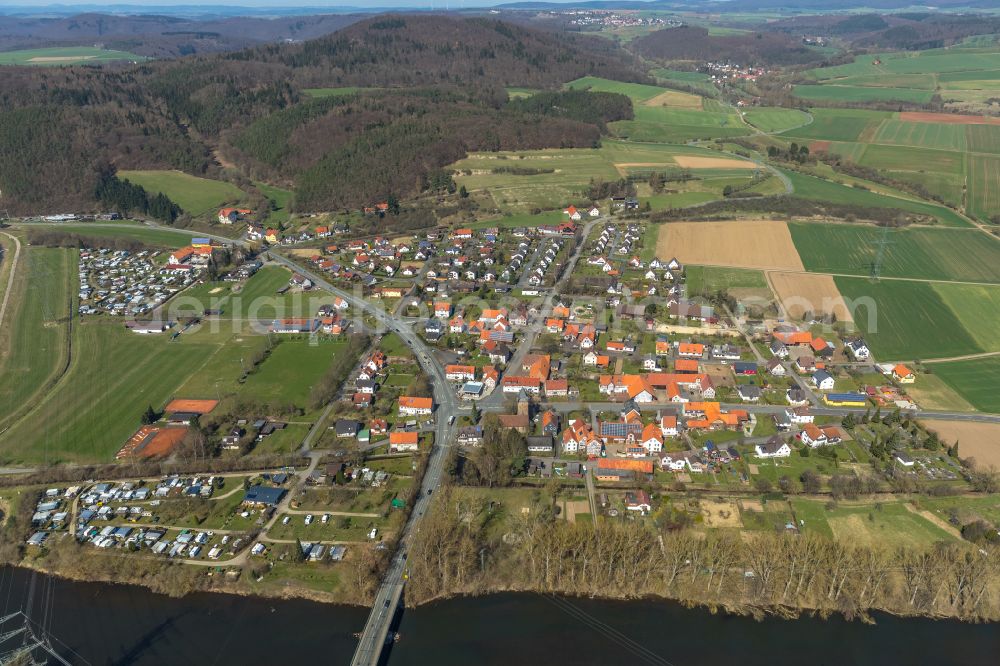 Aerial image Affoldern - Village view on the edge of agricultural fields and land in Affoldern in the state Hesse, Germany