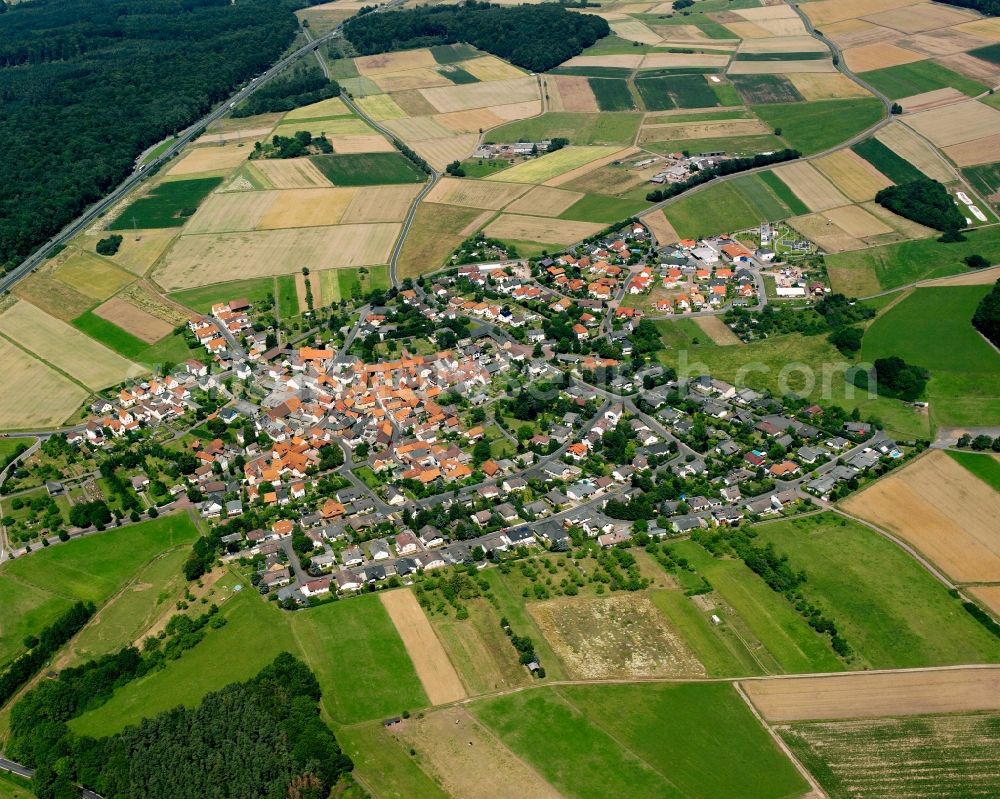 Albach from the bird's eye view: Village view on the edge of agricultural fields and land in Albach in the state Hesse, Germany