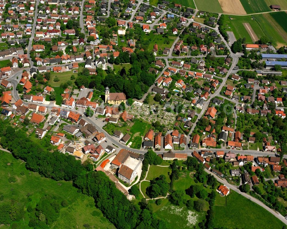 Alfdorf from the bird's eye view: Village view on the edge of agricultural fields and land in Alfdorf in the state Baden-Wuerttemberg, Germany