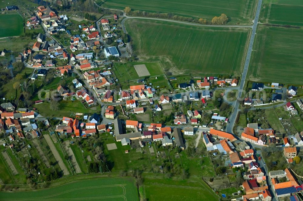 Allerstedt from above - Village view on the edge of agricultural fields and land in Allerstedt in the state Saxony-Anhalt, Germany