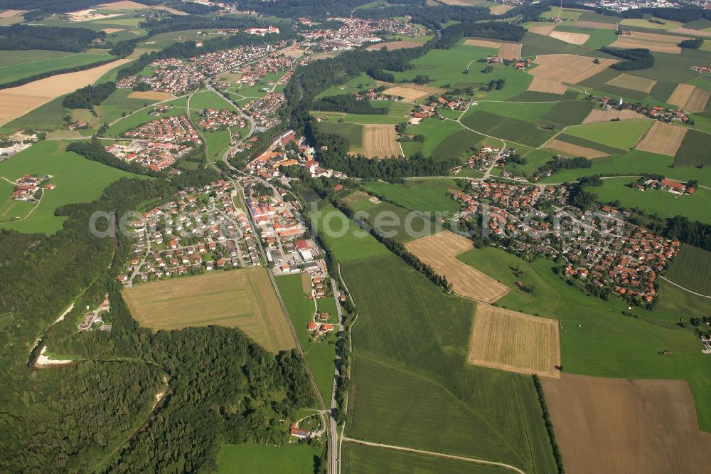 Altenmarkt an der Alz from above - Village view on the edge of agricultural fields and land in Altenmarkt an der Alz in the state Bavaria, Germany