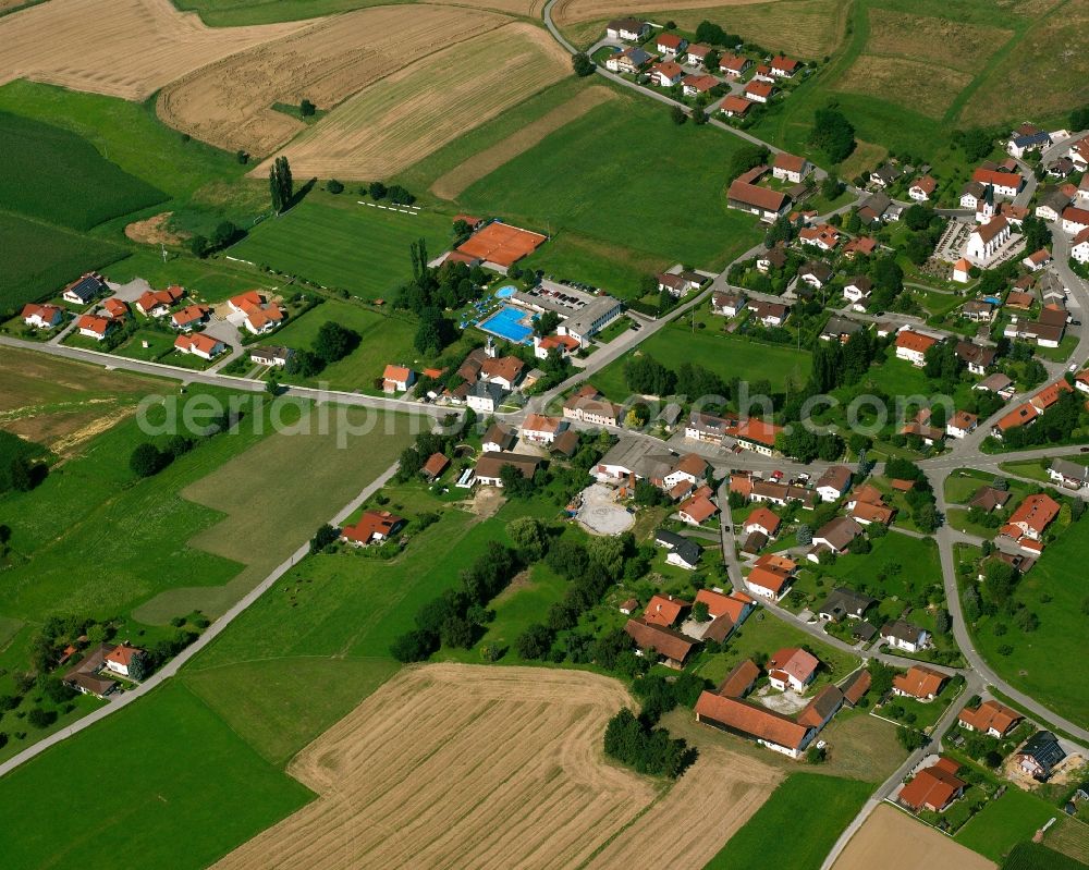 Amsham from above - Village view on the edge of agricultural fields and land in Amsham in the state Bavaria, Germany