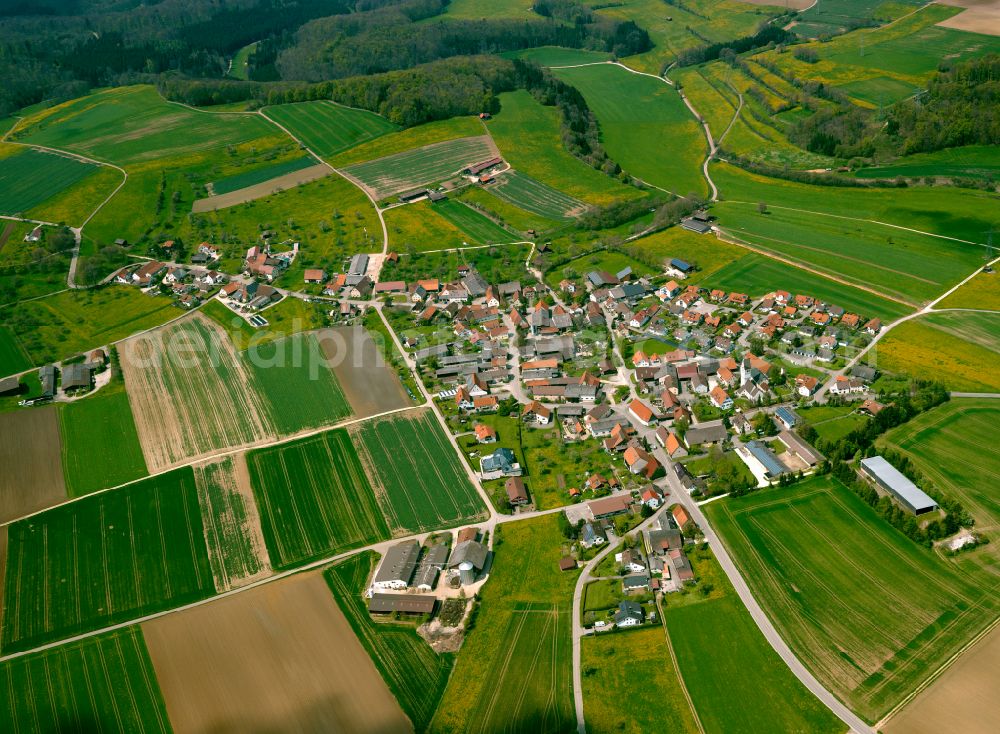 Amstetten from the bird's eye view: Village view on the edge of agricultural fields and land in Amstetten in the state Baden-Wuerttemberg, Germany