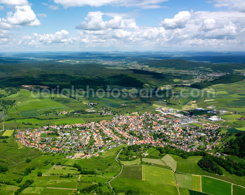 Aerial photograph Angersbach - Village view on the edge of agricultural fields and land in Angersbach in the state Hesse, Germany